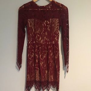 Burgundy lace sleeve mini dress